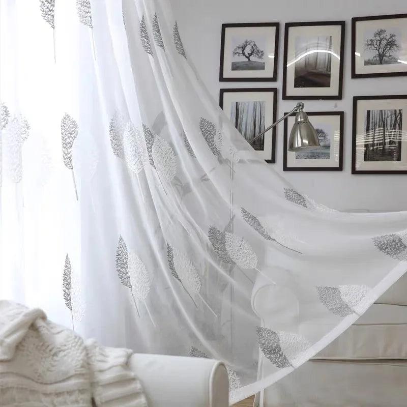 White Tree Embroidered Sheer Tulle Curtains