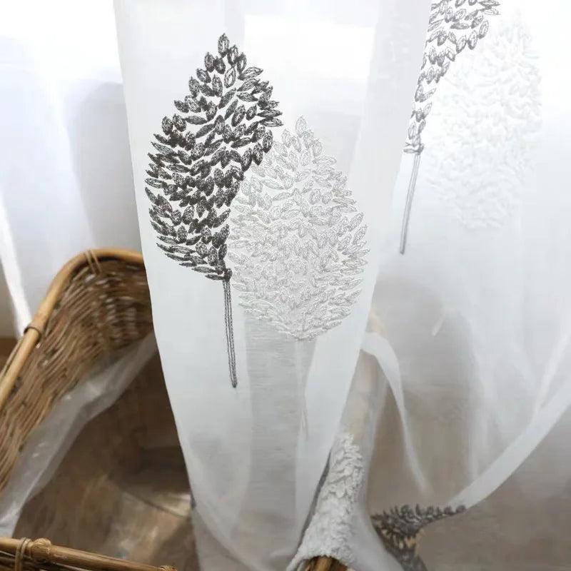 White Tree Embroidered Sheer Tulle Curtains