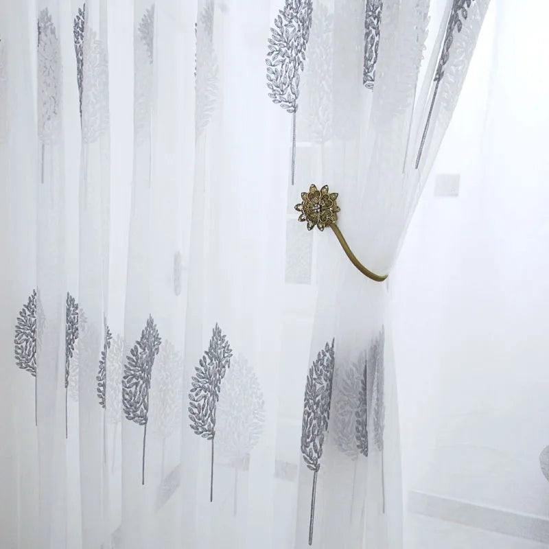 White Tree Embroidered Sheer Tulle Curtains