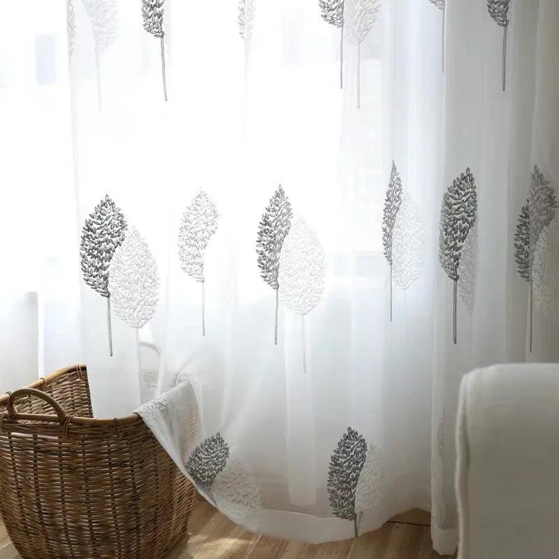 White Tree Embroidered Sheer Tulle Curtains