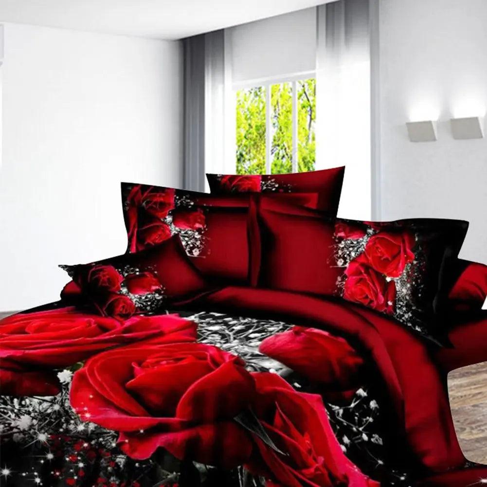 Romantic Elegance! Big Red Rose Floral Bedding Set