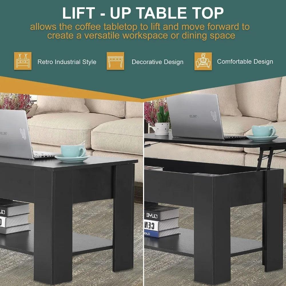 Wooden Lift Top Coffee Table with Storage Shelf